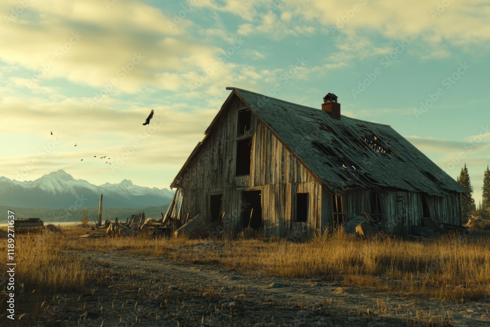 Abandoned Old Barn in the Mountains with Flying Birds and Snowy Hills Abandoned Old Barn in the Mountains with Flying Birds and Snowy Hills