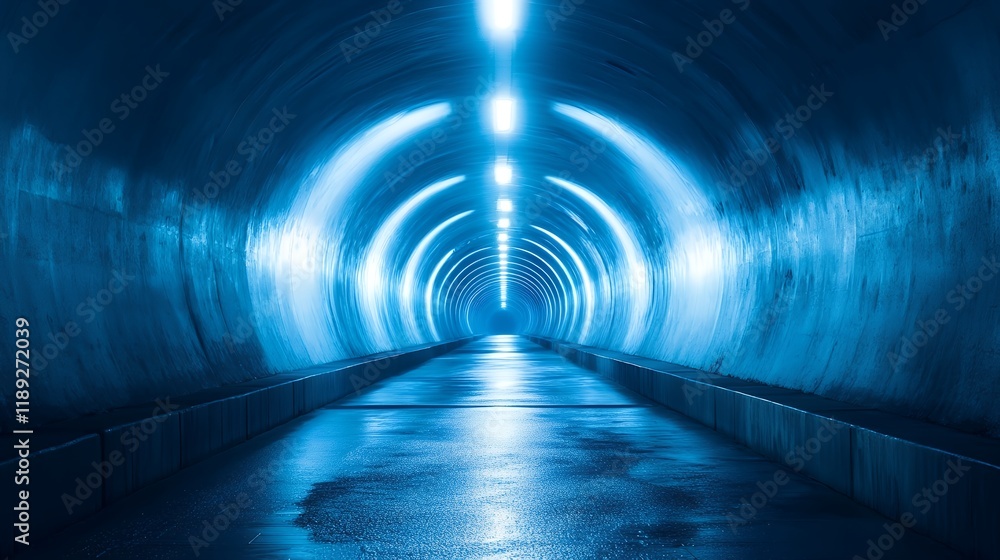 Illuminated Blue Tunnel Pathway Abstract Futuristic Underground Passageway Illuminated Blue Tunnel Pathway Abstract Futuristic Underground Passageway