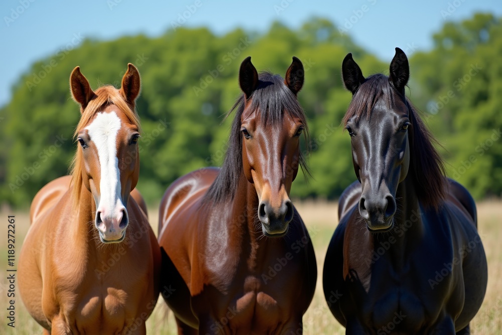 Fototapeta premium Three Distinct Horses in a Lush Setting