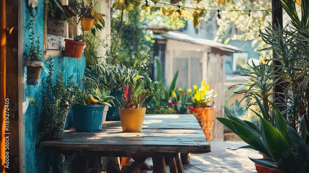 Fototapeta premium Cozy Outdoor Patio with Plants and Colorful Pots in Natural Light