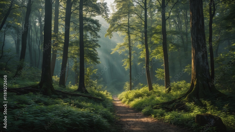 Obraz premium Serene forest landscape embracing nature's tranquility