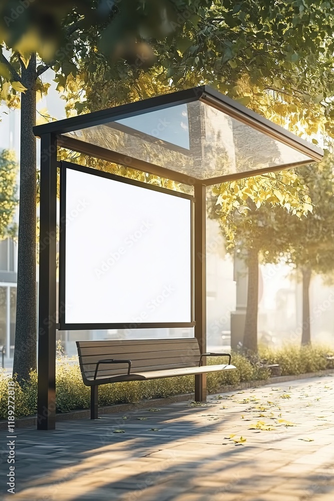 A bus stop with an empty billboard mockup, surrounded by trees and buildings. A bus stop with an empty billboard mockup, surrounded by trees and buildings.