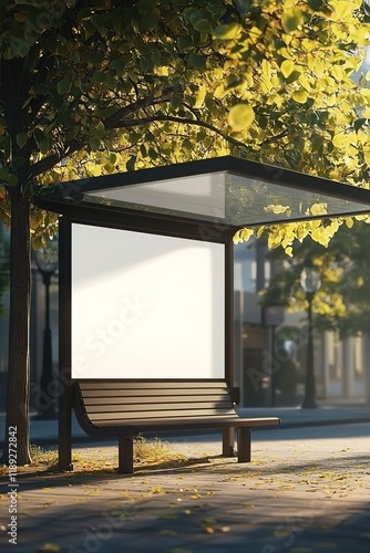 A bus stop with an empty billboard mockup, surrounded by trees and buildings.  photo