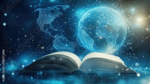 Futuristic global education with open book and planet map on blue background