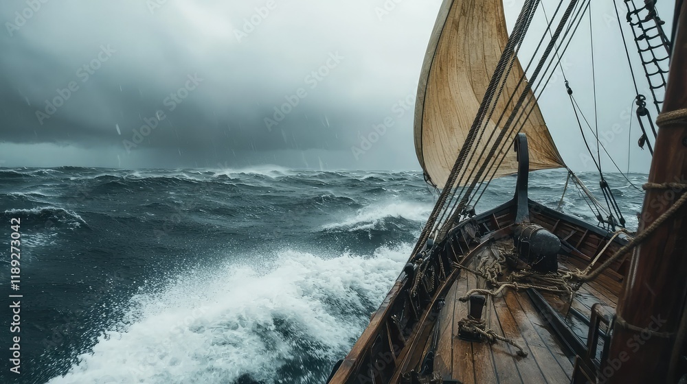 Obraz premium Historic sailing ship navigating turbulent stormy sea adventure