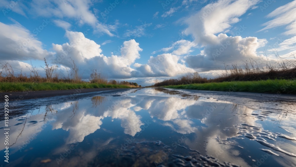 Fototapeta premium Serene reflection of clouds in road puddle