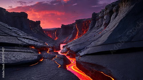 Molten Lava Flowing Through Rugged Volcanic Landscape with Dramatic Red and Purple Sky at Sunset

 photo