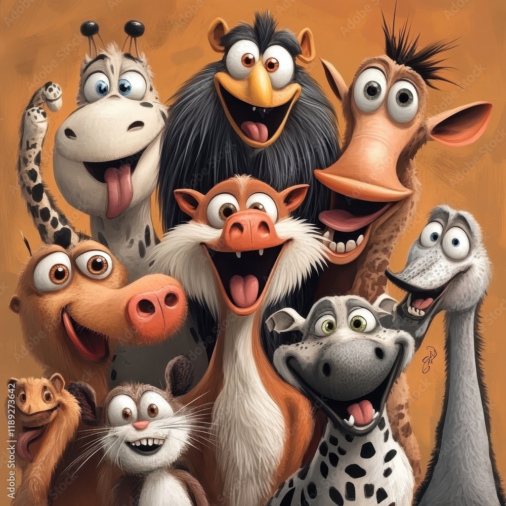 Fototapeta premium Happy Animals Group Portrait A Fun Cartoon Gathering