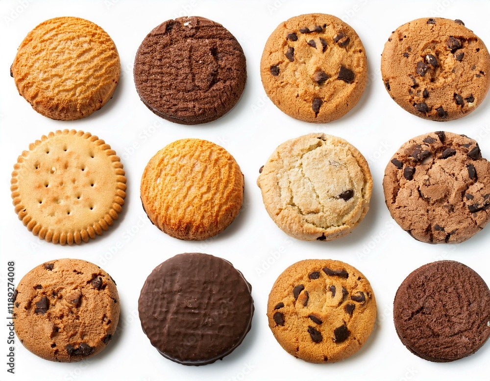A collection of various cookies, including chocolate chip, sugar, and butter cookies, arranged on a white background. A collection of various cookies, including chocolate chip, sugar, and butter cookies, arranged on a white background.