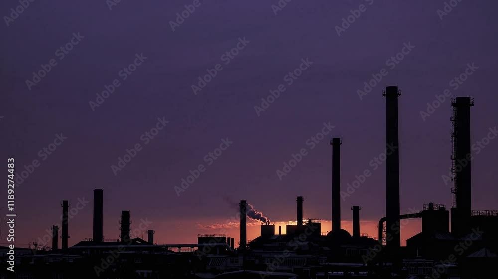 A striking industrial landscape at sunset, showcasing factory silhouettes against a colorful sky with rays of light. A striking industrial landscape at sunset, showcasing factory silhouettes against a colorful sky with rays of light.