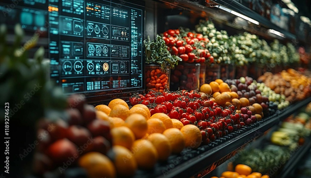 A futuristic automated system sorting fruits and vegetables based on ripeness, with glowing data analytics displays, Automated Food Sorting System. A futuristic automated system sorting fruits and vegetables based on ripeness, with glowing data analytics displays, Automated Food Sorting System.