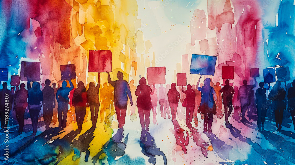 Procession of people with posters expressing their protest. Fighting for their rights. Watercolor painting in rainbow colors.Copy space. Procession of people with posters expressing their protest. Fighting for their rights. Watercolor painting in rainbow colors.Copy space.