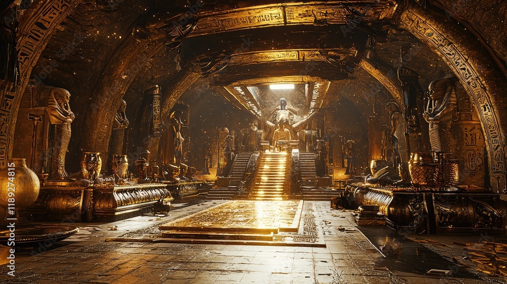 Obraz premium Glorious Ancient Temple Interior with Golden Statues and Artifacts