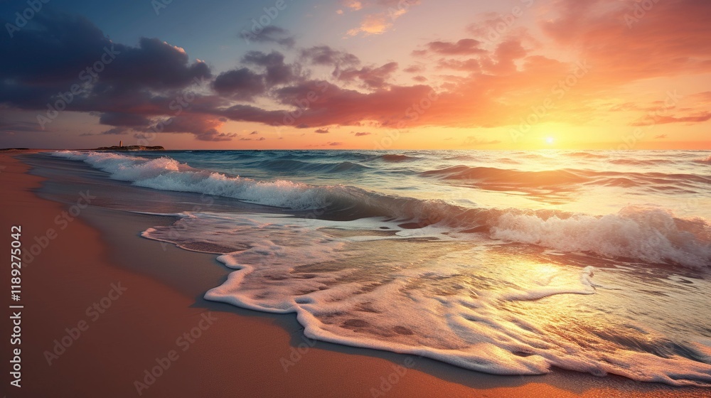 Fototapeta premium A photo of a beach sunset with gentle waves lapping