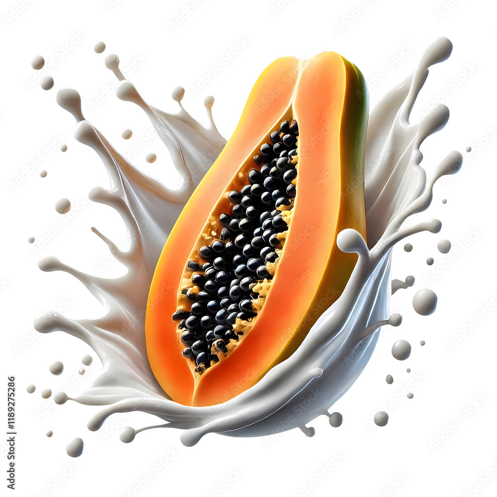 Fototapeta premium Papaya png half papaya png summer fruit png papaya water splash png papaya milk splash png watercolor fruit png falling papaya slice png papaya transparent background.