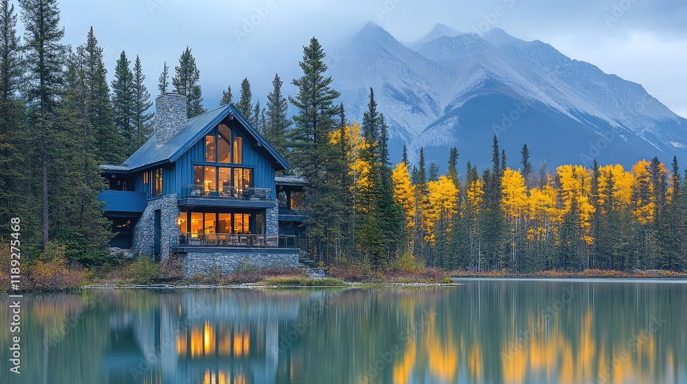 Obraz premium A serene lakeside cabin surrounded by mountains and autumn foliage.