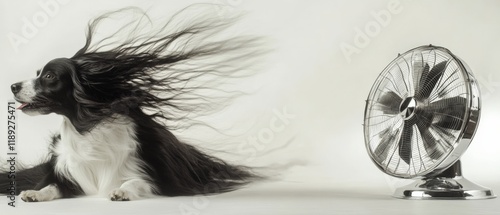 a dog in front of a fan with its hair blowing in the wind