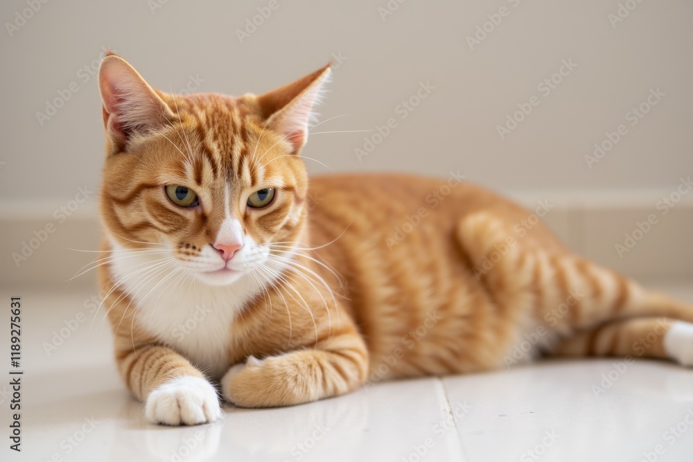 Fototapeta premium Serious Ginger Cat with White Chest and Paws on a Light-Colored Surface