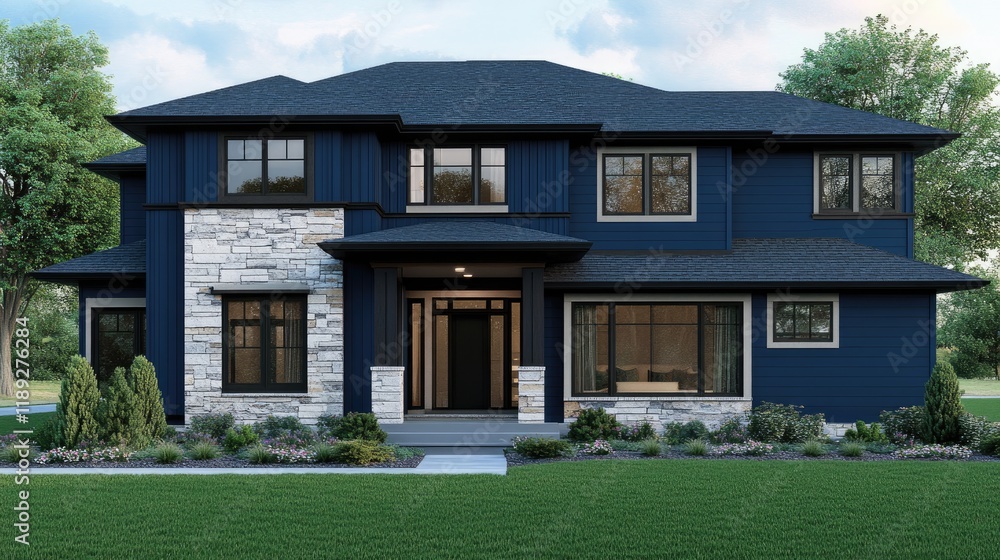 Modern two-story house with navy blue siding, stone accents, and large windows. Modern two-story house with navy blue siding, stone accents, and large windows.