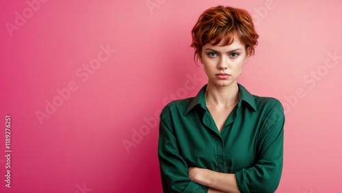 An attractive woman with short red hair and a stern expression. She is wearing a dark green shirt and her arms are folded in defiance or to exert her dominance. photo