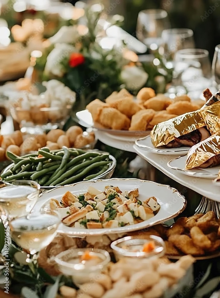 A lovely wedding food station, featuring an array of mouthwatering dishes like quiches and rustic pasta. A lovely wedding food station, featuring an array of mouthwatering dishes like quiches and rustic pasta.