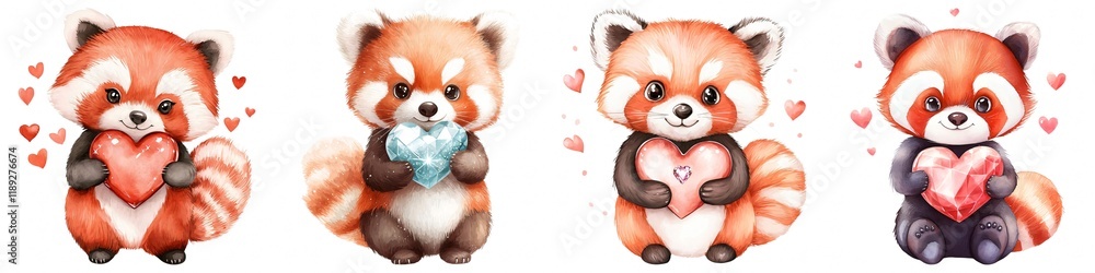 Four adorable red pandas hold hearts, exuding charm and cuteness, surrounded by playful hearts in a whimsical style. Four adorable red pandas hold hearts, exuding charm and cuteness, surrounded by playful hearts in a whimsical style.