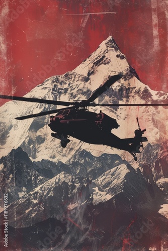 Vintage-style poster of ah-64 attack helicopter over majestic mountain landscape dramatic art retro vibes photo