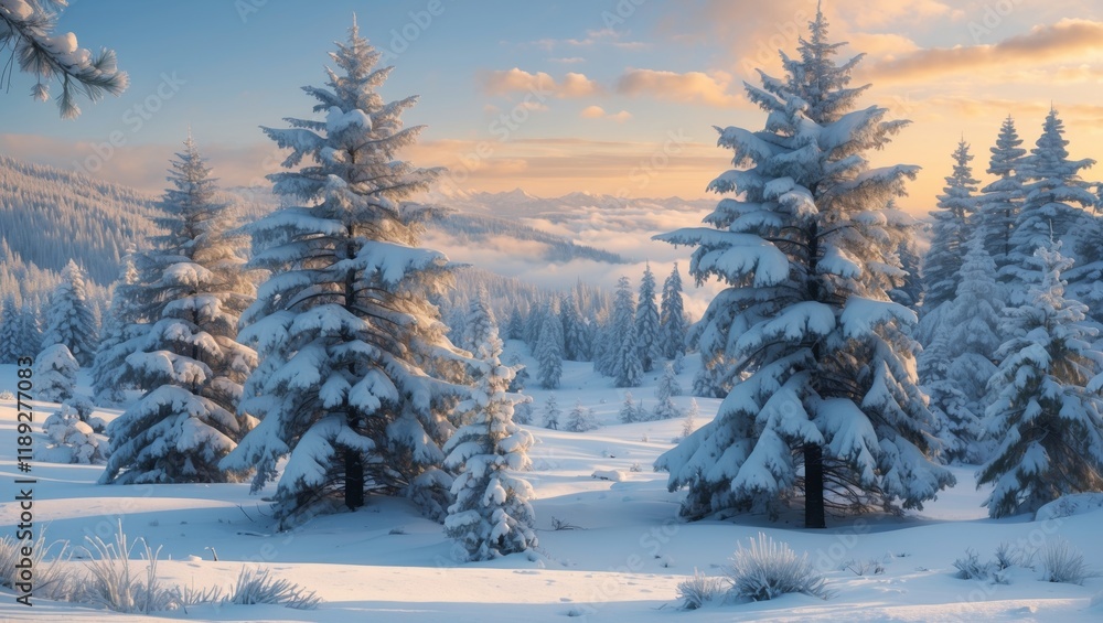 Snowy fir trees in a serene winter landscape Snowy fir trees in a serene winter landscape