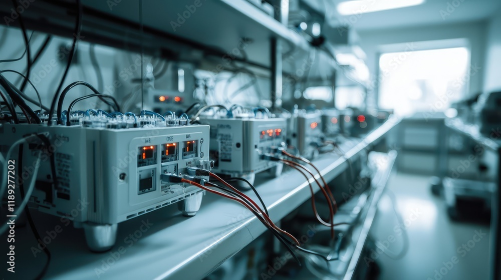 High-Tech Laboratory Equipment with Cables and Indicators in Focus
