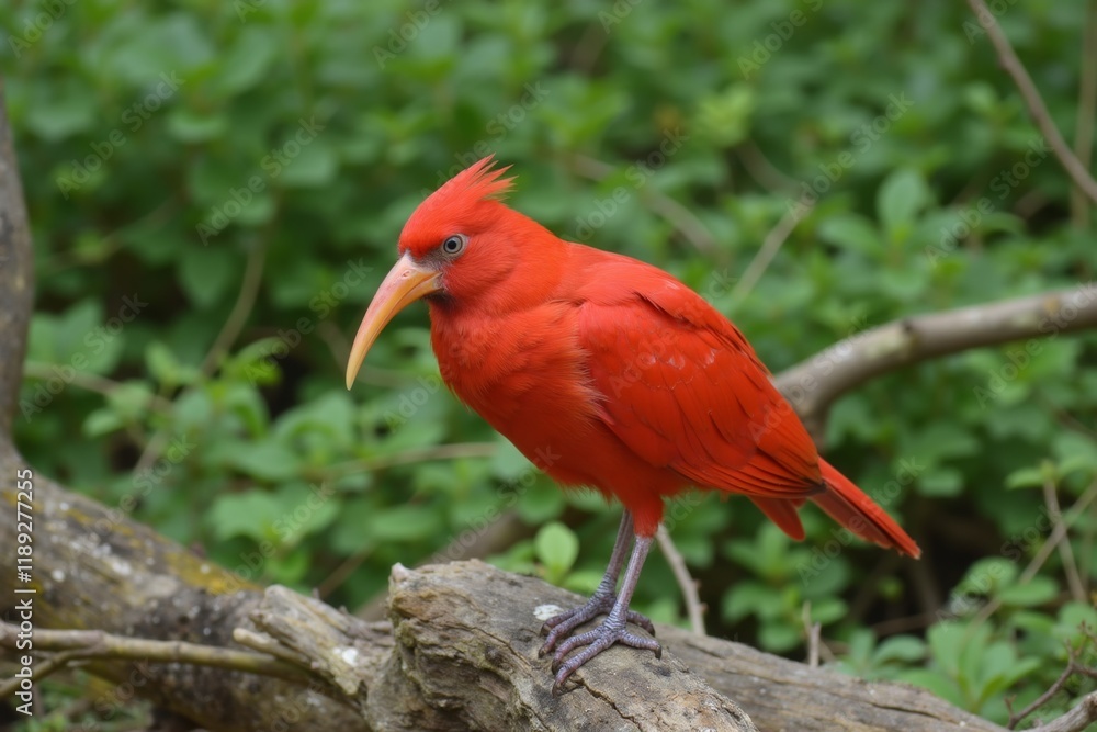 Fototapeta premium Vibrant Red Bird Perched Against Green Foliage