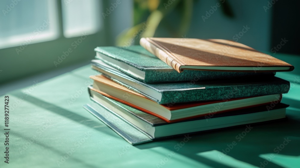 Stack of hardcover books on a green table illuminated by soft natural light, creating a cozy and tranquil reading atmosphere.