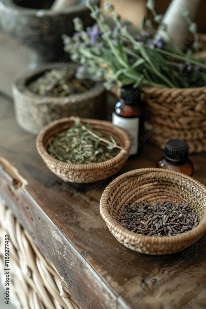Closeup of wicker basket with essential oils and dried herbs natural home decor rustic interior serenity Closeup of wicker basket with essential oils and dried herbs natural home decor rustic interior serenity