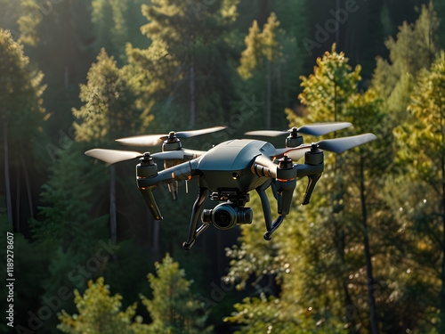 Drone Over Forest: A quadcopter flying above a vast, forested landscape at sunset. photo