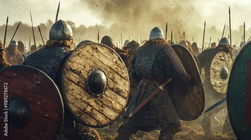 Intense Medieval Battle Scene with Armored Warriors and Shields photo