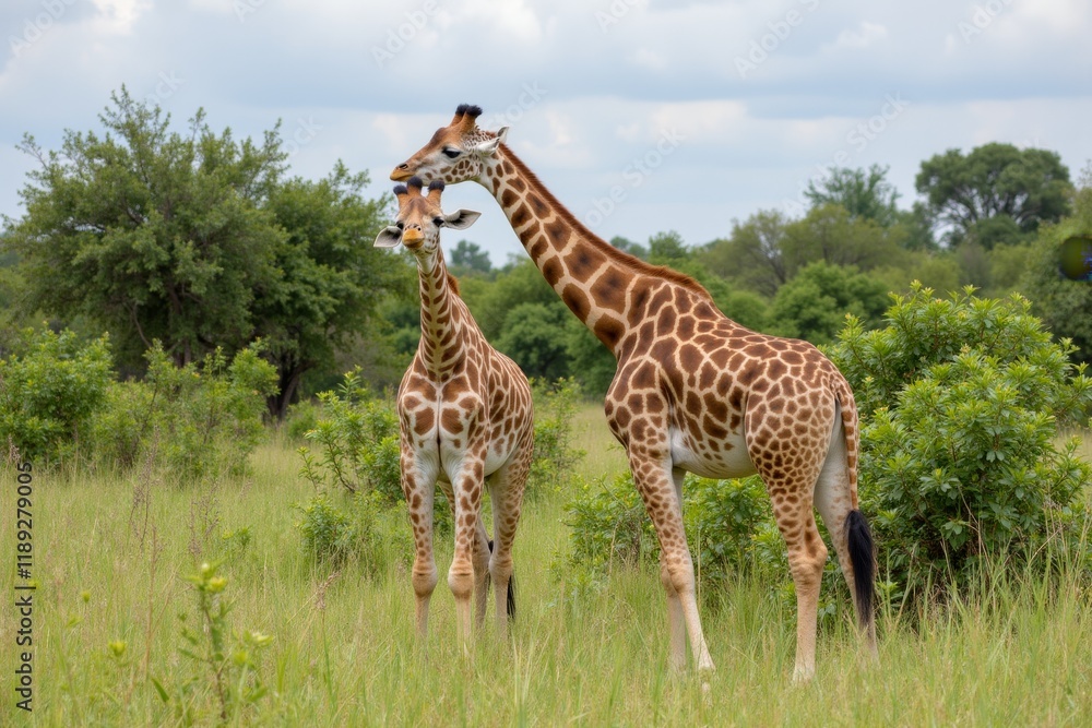 Fototapeta premium Serene Giraffes in a Grassy Field