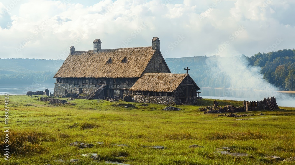 Traditional Rustic House by Calm Lake Surrounded by Lush Greenery Traditional Rustic House by Calm Lake Surrounded by Lush Greenery