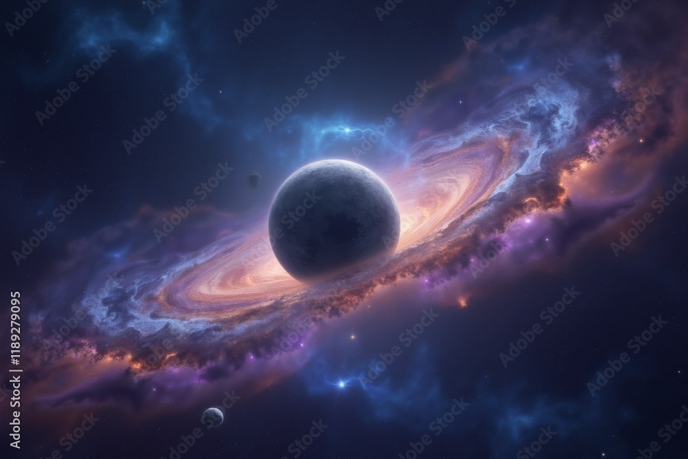 Cosmic Serenity: A Gray Planet Surrounded by Vibrant Nebulae Cosmic Serenity: A Gray Planet Surrounded by Vibrant Nebulae