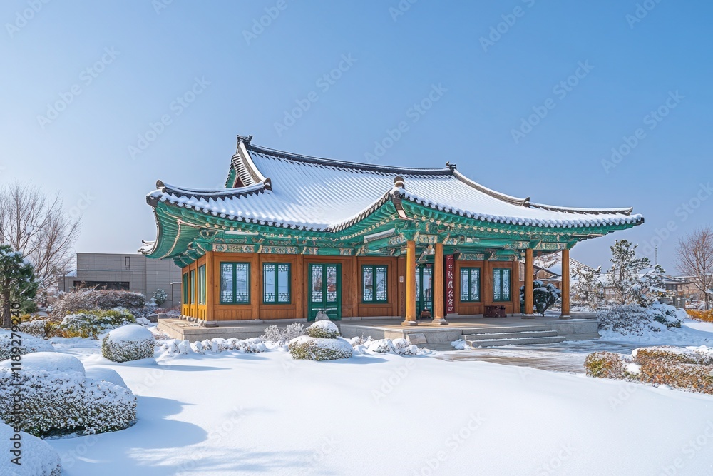 Fototapeta premium A Chinese-Style Building in a Snowy Winter Landscape