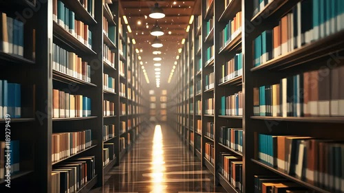 Endless Library Aisle with Wooden Shelves Filled with Books and Warm Lighting Creating a Cozy Atmosphere

 photo