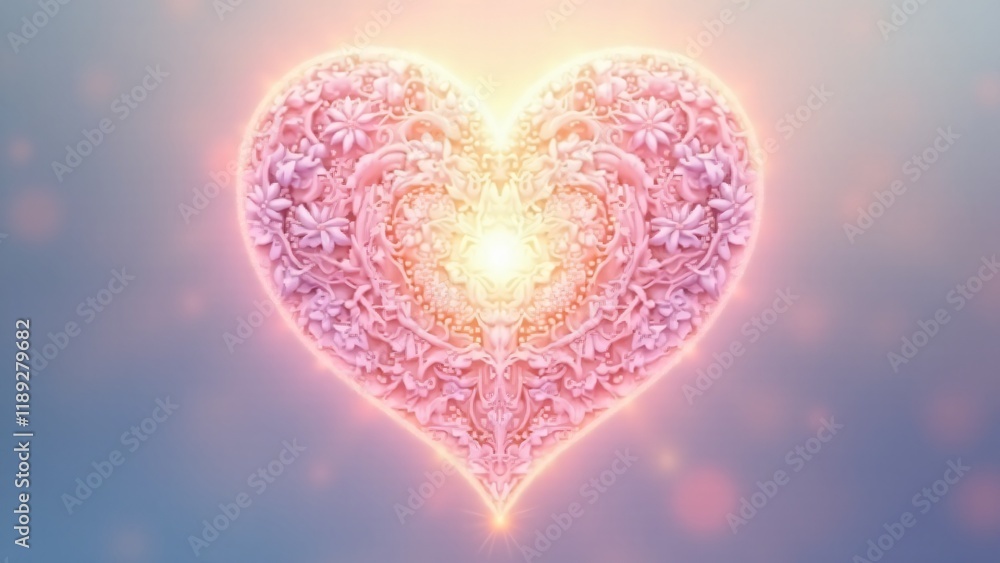 Obraz premium A glowing heart filled with delicate mandala patterns in pastel hues, symbolizing love’s balance and spiritual connection. Soft details and harmonious designs evoke inner peace and beauty.