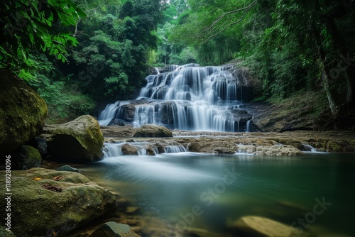 Experience the serene beauty of a long exposure waterfall cascading in the lush jungle of Khao, capturing the tranquil flow of water and vibrant greenery in a peaceful natural setting