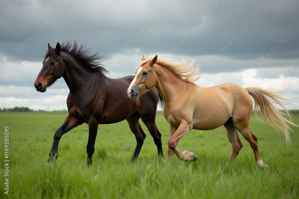 Fototapeta premium Galloping Freedom: Dark Brown and Light Beige Horses in a Lush Green Field
