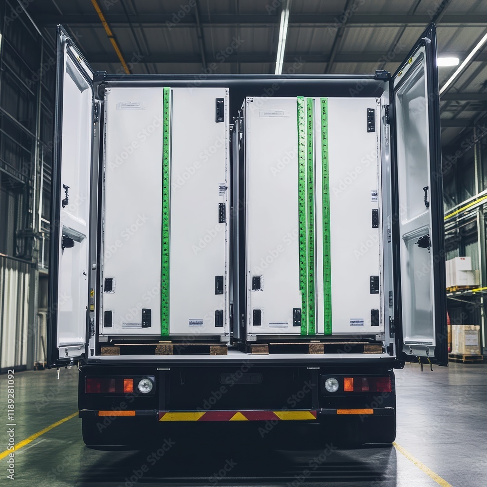 Naklejka premium A refrigerated delivery truck stands in a warehouse with its rear doors wide open, revealing spacious, temperature-controlled compartments designed for transporting perishable goods