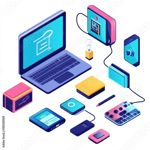 Wallpaper Mural A lively workspace arrangement includes a laptop, smartphone, smart speaker, and other tech devices. The setup showcases a blend of colors and contemporary technology, emphasizing modern productivity Torontodigital.ca