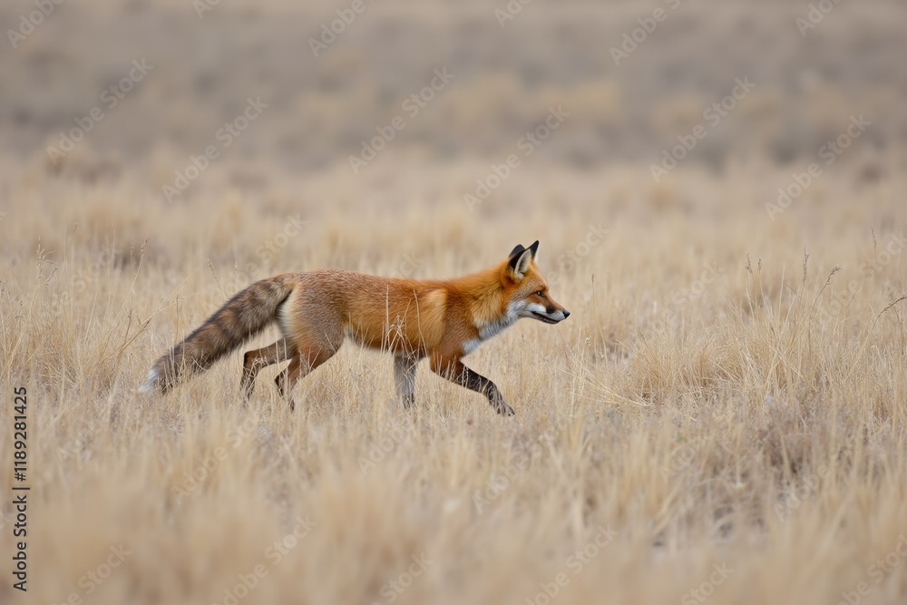 Vibrant Red Fox Striding Through Dry Grass Vibrant Red Fox Striding Through Dry Grass