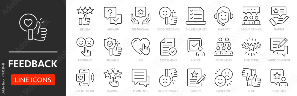 Feedback plan thin line icon set. Assessment, survey and answer. Customer review, rating, like, social media, comment, five star, opinion - stock vector. Feedback plan thin line icon set. Assessment, survey and answer. Customer review, rating, like, social media, comment, five star, opinion - stock vector.