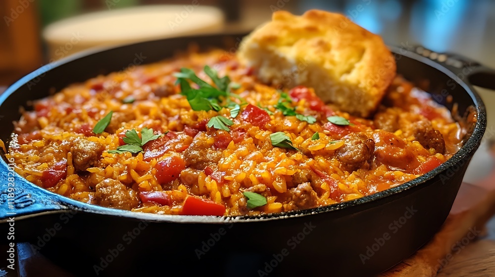 a style chicken and sausage jambalaya in a cast iron pot with hot sauce and corn bread a style chicken and sausage jambalaya in a cast iron pot with hot sauce and corn bread