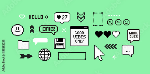 Pixel game elements set of 90's aesthetics. 8-bit retro style vector illustration. PC deckstop pixel icons background. Trendy geometric brutalism UI elements. Simple fpixel forms in geek style