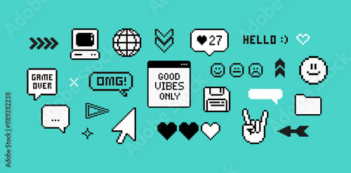 Y2k Pixels game elements set of 90's aesthetics. 8-bit retro game vector elements and pixel icons. Retro pc deckstop and gaming background in geek style