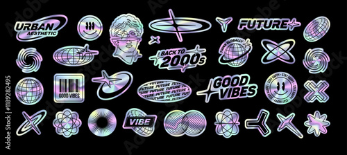 Perfect Y2K holographic stickers pack of text quotes label collection. Aesthetic of retro futurism 2000s stickers with text. Black and white cyberpunk style elements